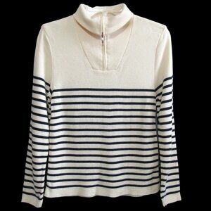 Saint James 1/4 Zip Cream Black Striped Wool Sweater Size S France Nautical